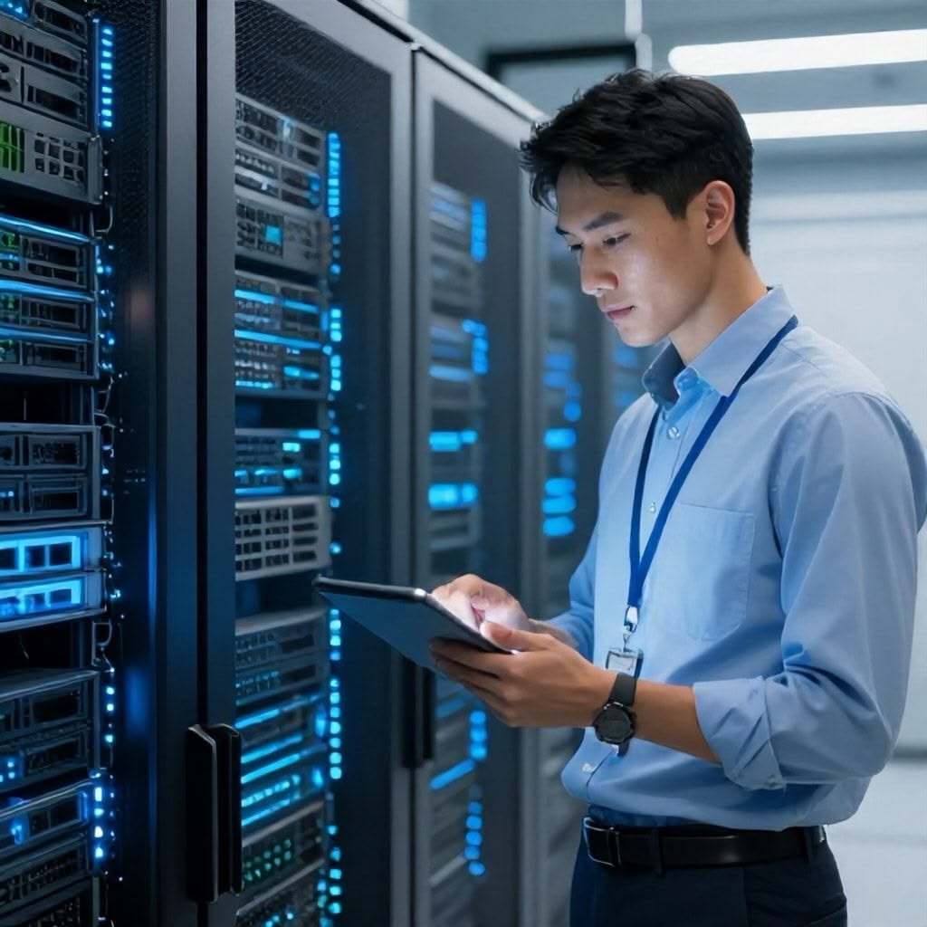 IT engineer reviewing equipment in a data center